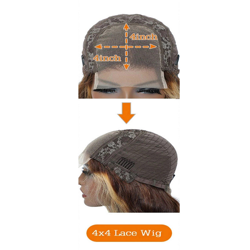 4x4 lace wig with measurements and a mannequin head displaying the product.