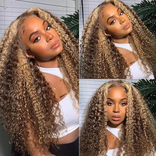 Piano Inter-color Highlight Curly Lace Wig - Hand-Woven Human Hair Wig