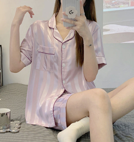 Women's Ice Silk Pajama Set - Adult Long Sleeve Home Sleepwear