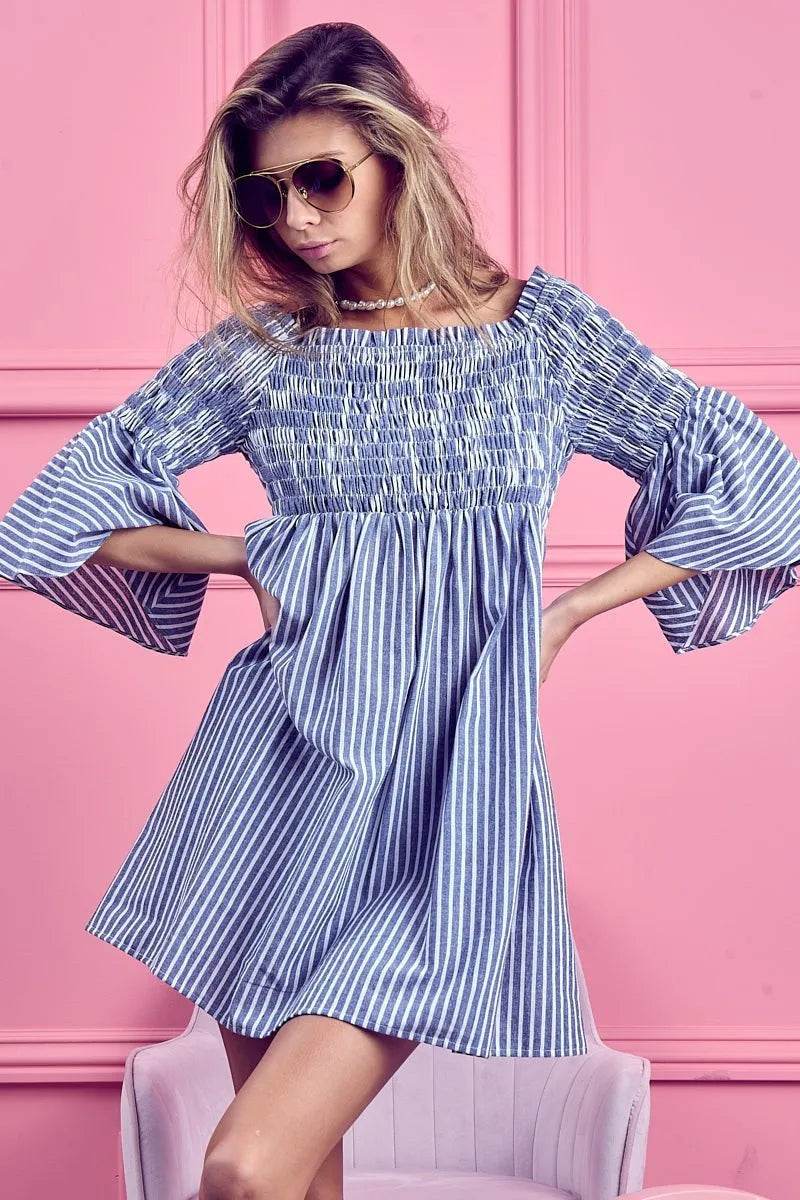 BiBi Smocked Off Shoulder Striped Dress - Millivan supplies