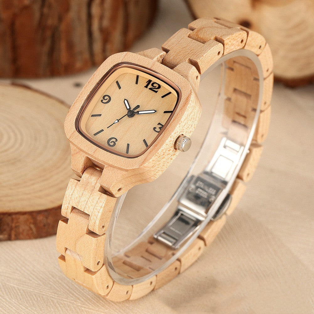 Bamboo Wood Square Watch - Gold Digital Face
