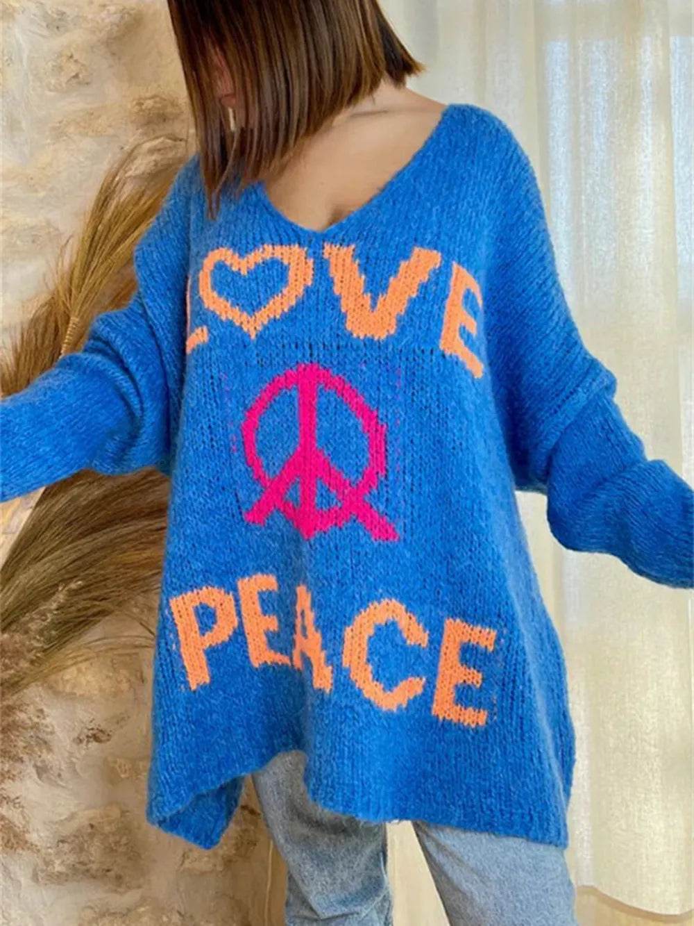 Peace Graphic V-Neck Long Sleeve Sweater - Millivan supplies