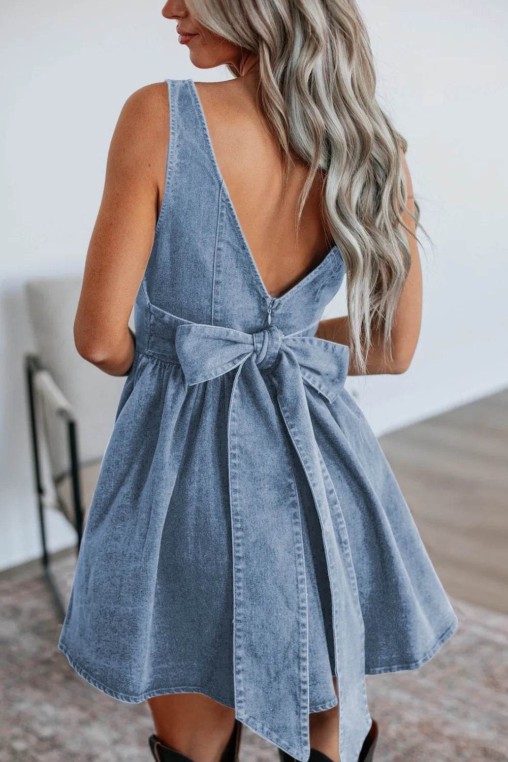 V-Back Bow Tie Denim Skater Dress - Millivan supplies