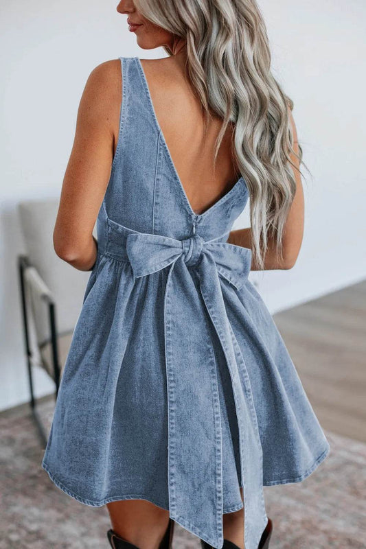 V-Back Bow Tie Denim Skater Dress - Millivan supplies