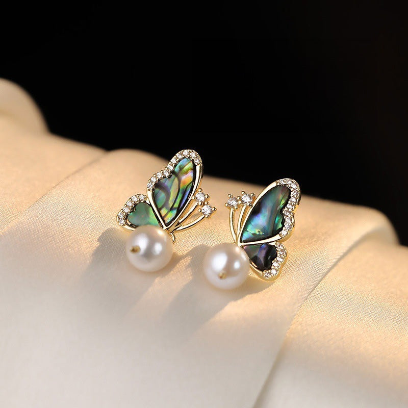 Abalone Shell Butterfly Necklace Ear Stud Ring Suit