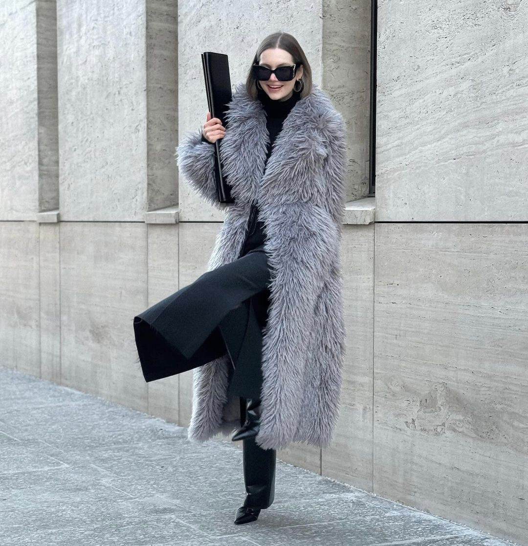 Gray Lapel Extended Plush Coat Warm Thickened Fleece-lined - Millivan supplies