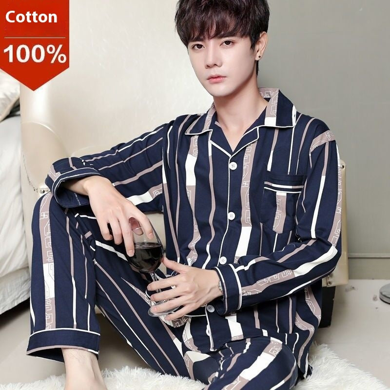 Men's Cotton Pajama Suit - Adult Autumn Winter Long-Sleeve Home Wear