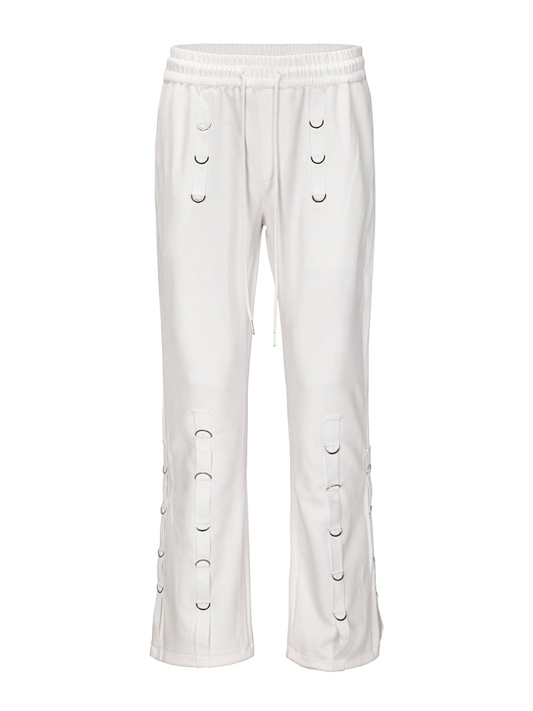 Suede Leather Hoop Embellished Micro-flared Trousers