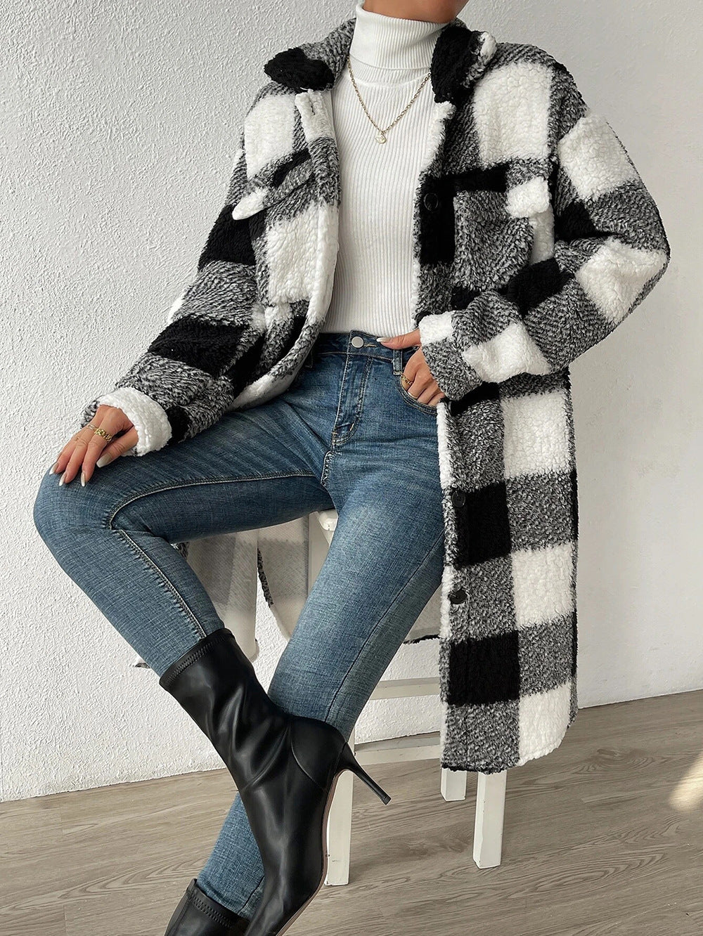 Button Lapel Plush Plaid Coat Loose - Women's Checkered Polyester Jacket 80cm