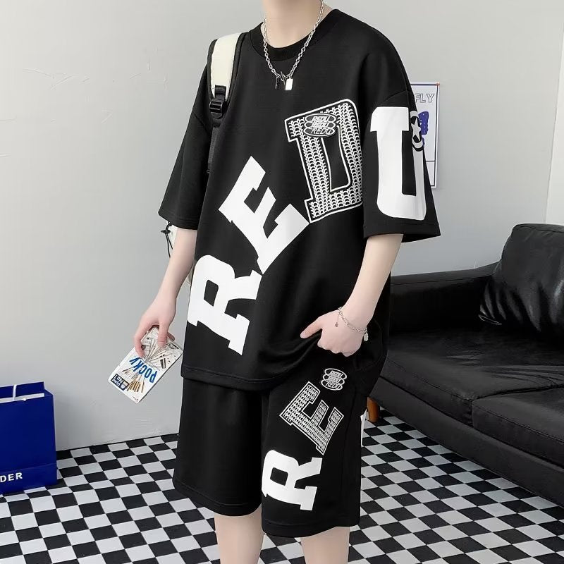 Men's Fashion Casual Printing Short-sleeved Shorts Suit - Cotton Leisure Set