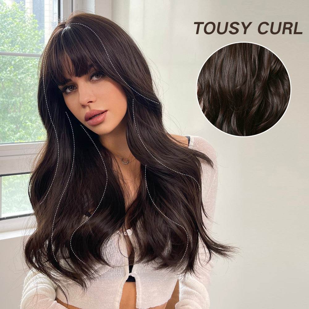 Long Brown Wigs With Bangs Wave Synthetic For Women - Millivan supplies