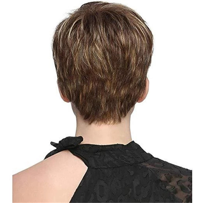 Back view of a person with short brown hair wearing a black lace top on a white background