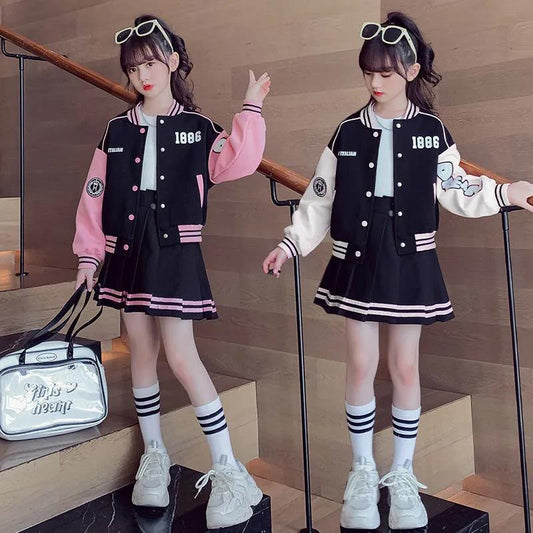 Children's Baseball Jacket, College Style, Pleated Skirt, Two-piece Set