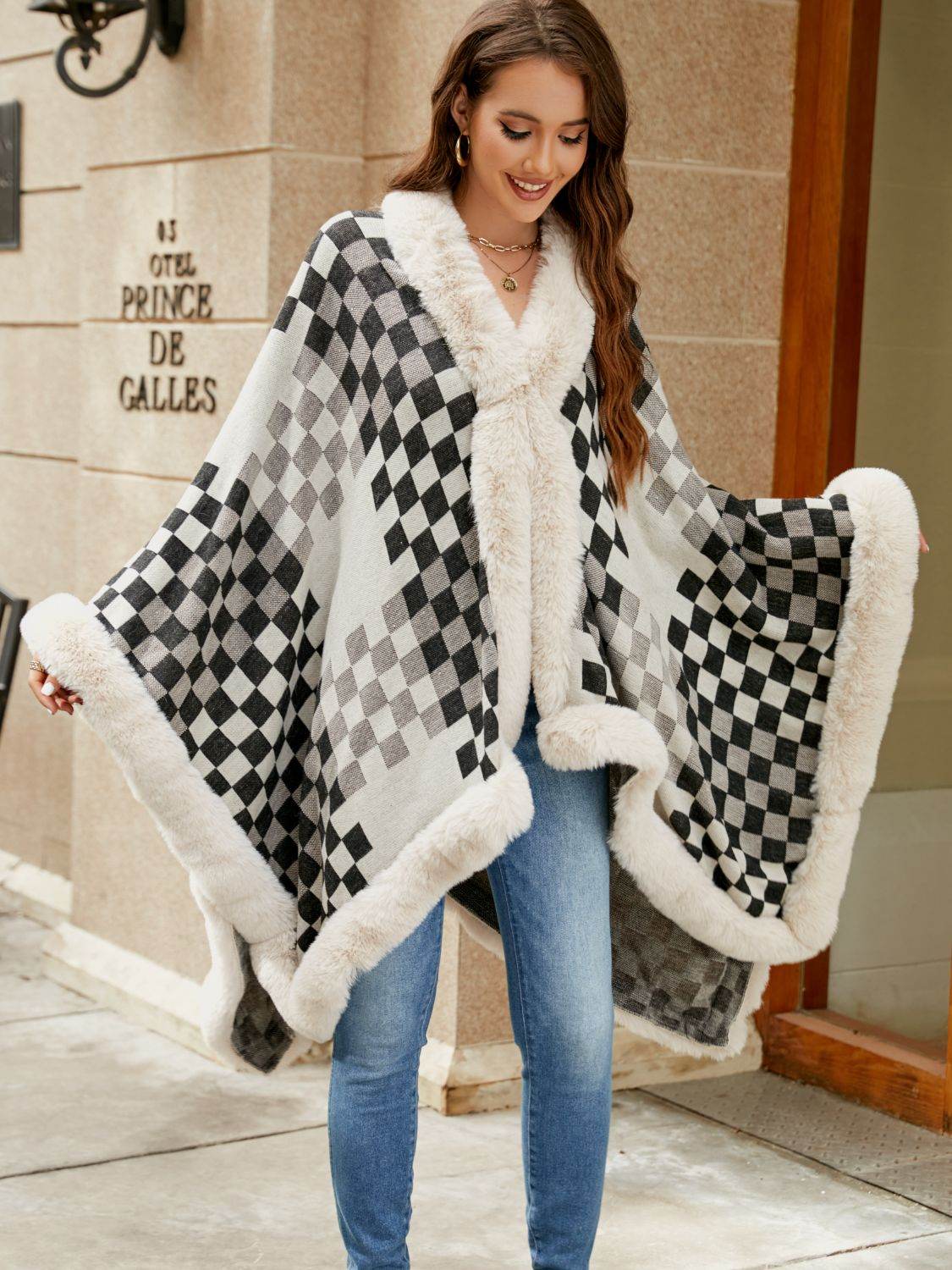 Checkered Faux Fur Trim Poncho - Millivan supplies