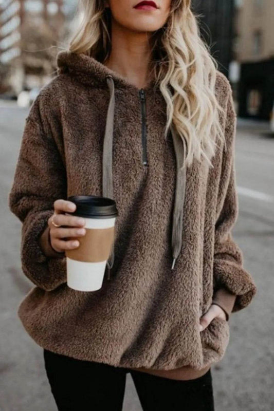 Full Size Quarter-Zip Drawstring Teddy Hoodie - Millivan supplies