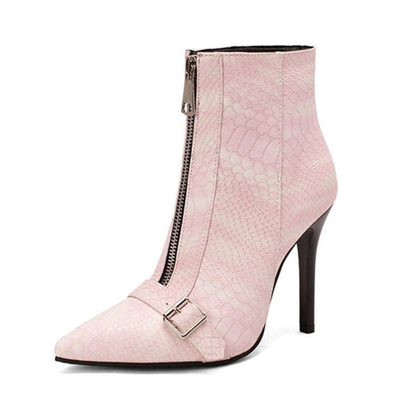 Women's Belt Buckle High Heel Boots - Front Zipper Ankle Boots