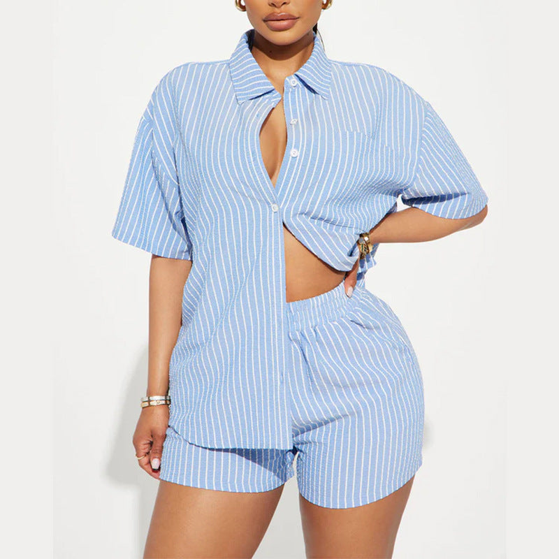 Women's Striped Lapel Short Sleeve Front Cardigan Button Elastic Shorts Suit