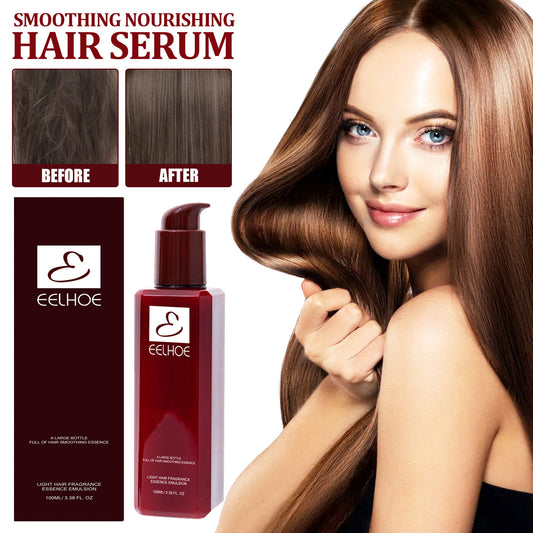 Eelhoe smoothing nourishing hair serum with a model displaying before and after results.
