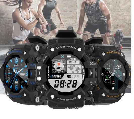 Three black sport watches with digital displays on a white background, with people exercising in the background.