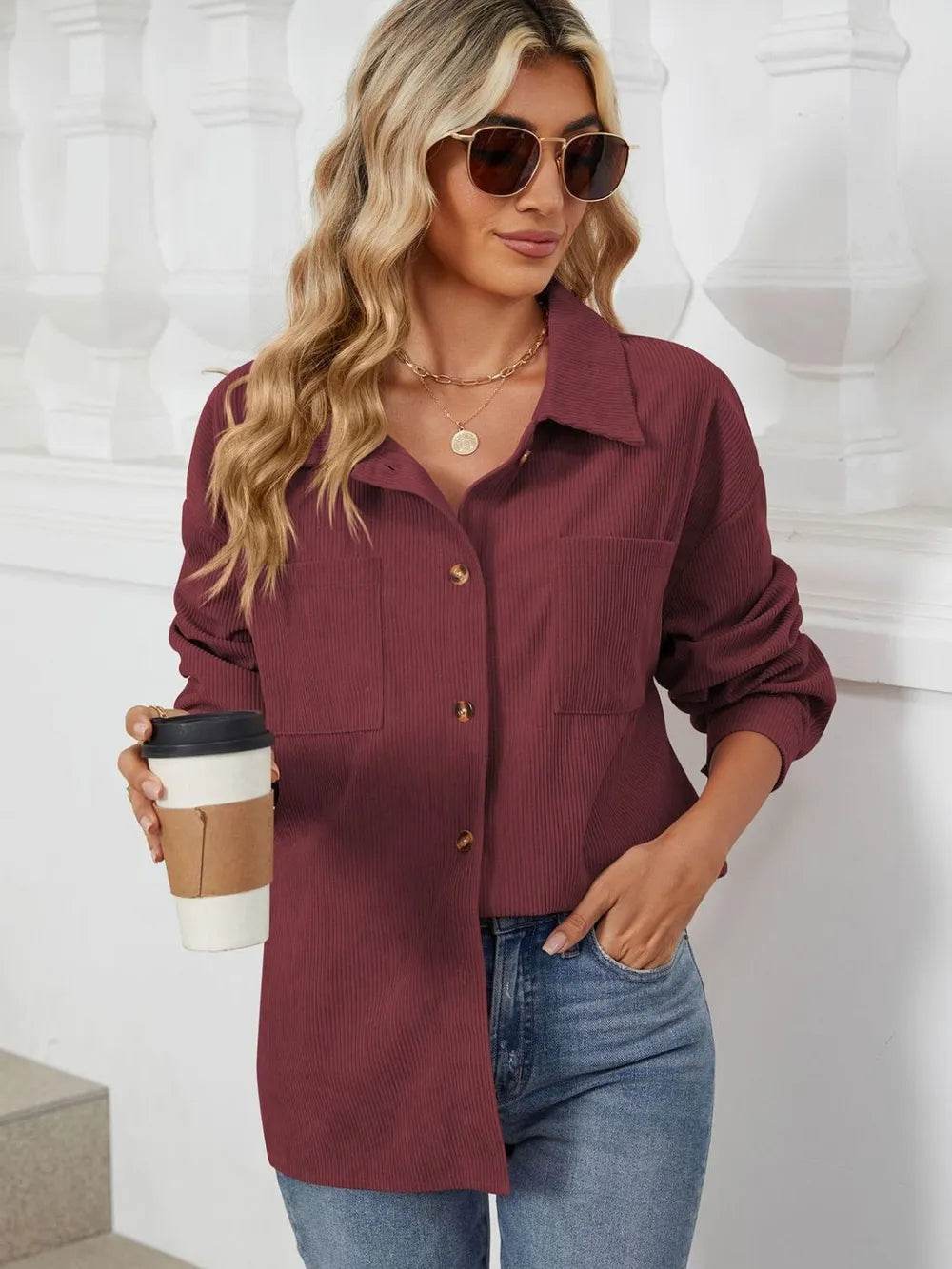 Button Up Dropped Shoulder Long Sleeve Outerwear - Millivan supplies