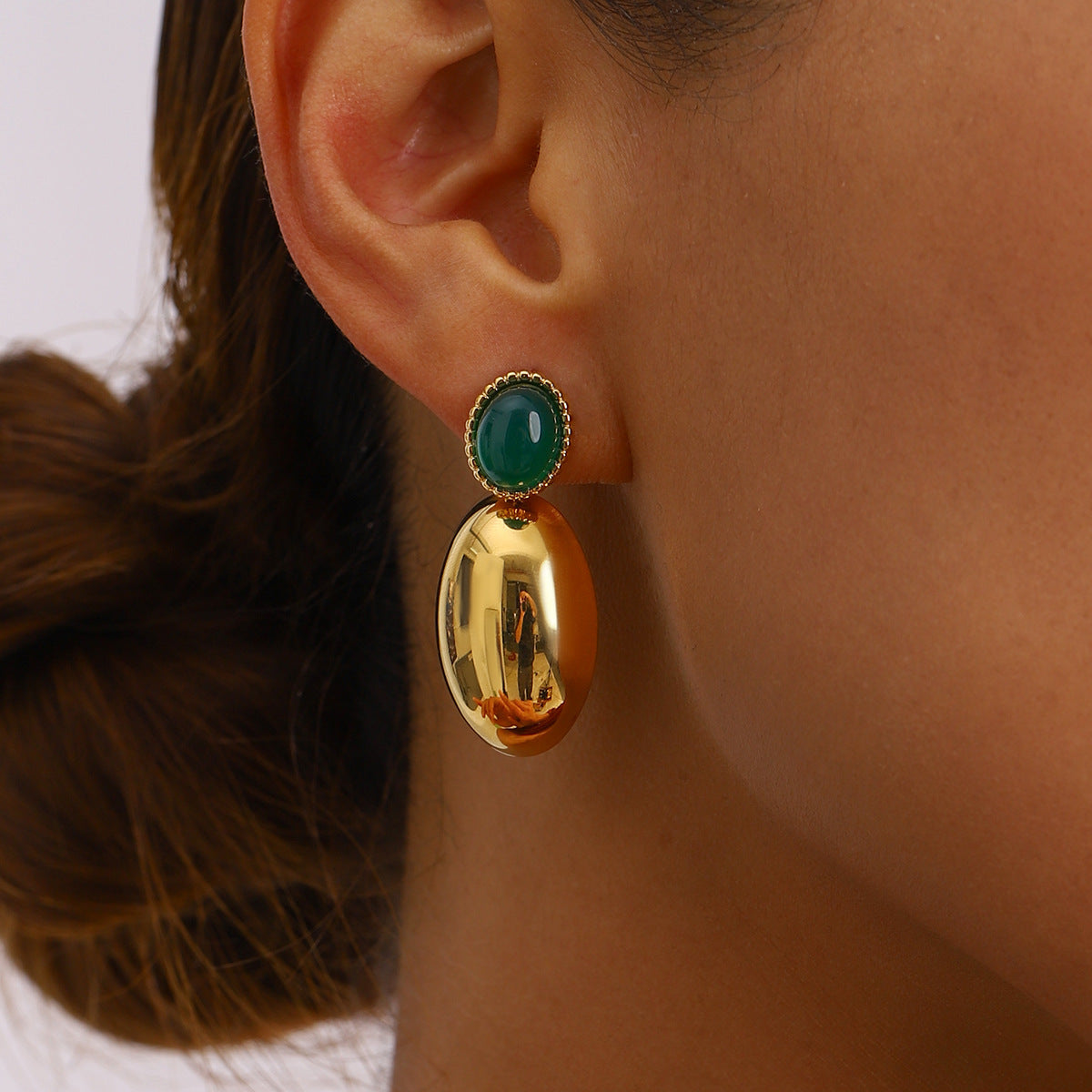 Stainless Steel Green Agate Oval Pendant Earrings