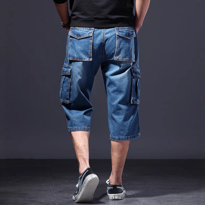 Men's Summer Workwear Jeans - Adult Loose Multi-Pocket Cropped Pants