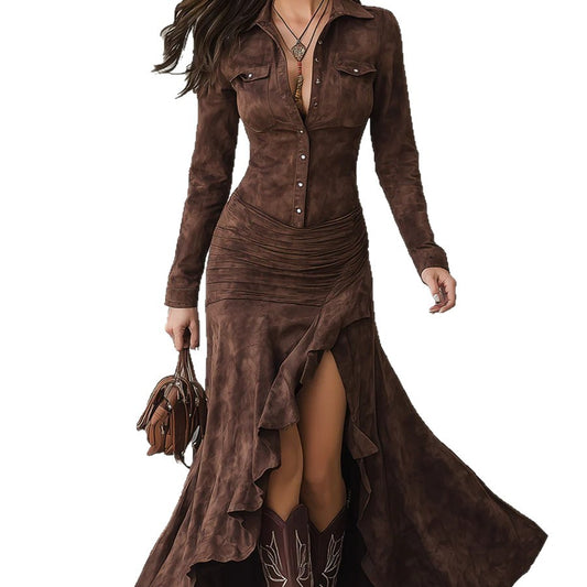 Brown suede dress with long sleeves and a high-low hemline on a white background