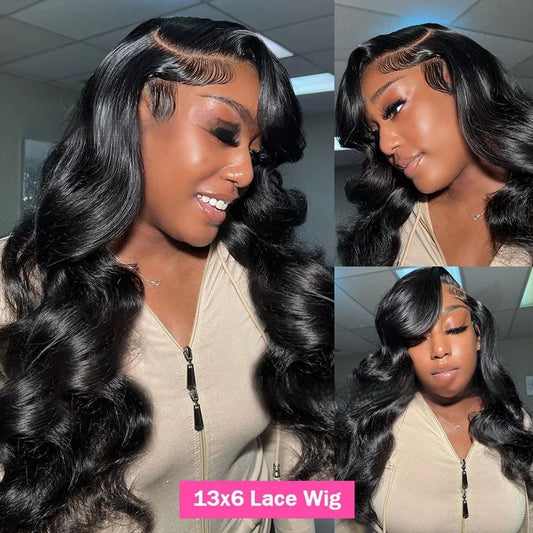 Woman with styled hair, featuring a 13x6 lace wig, in a collage format.