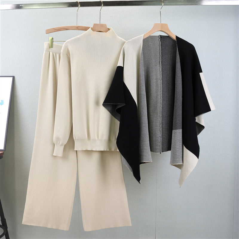 Women's Autumn Knitted Three-Piece Set - Adult European Fashion Shawl & Wide Leg Pants