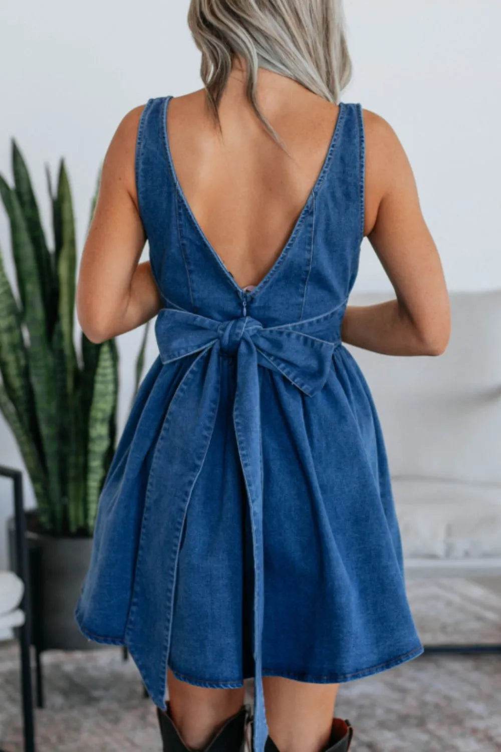 V-Back Bow Tie Denim Skater Dress - Millivan supplies