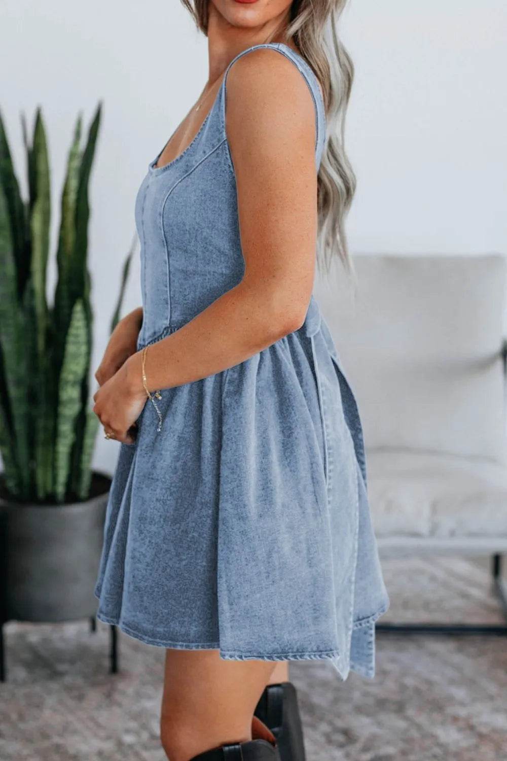 V-Back Bow Tie Denim Skater Dress - Millivan supplies