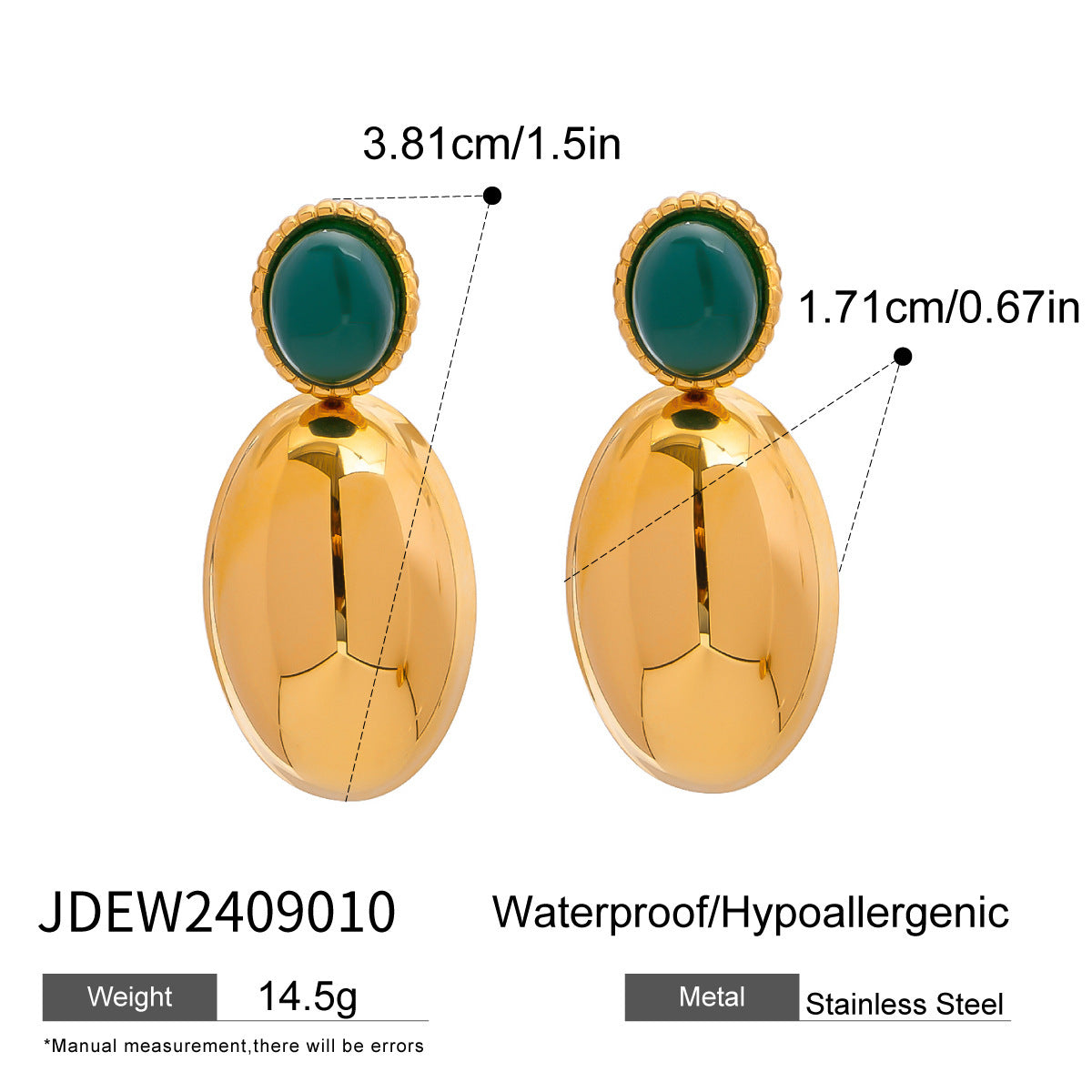 Stainless Steel Green Agate Oval Pendant Earrings