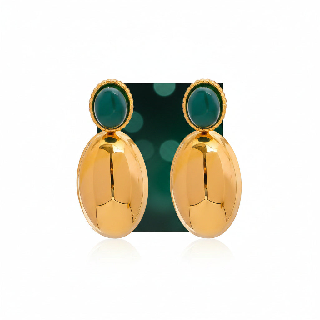 Gold earrings with green gemstones, showing measurements and product details on a white background.