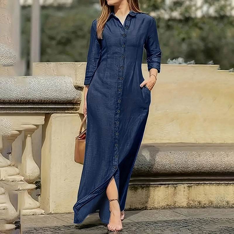 Womens Casual Button Down Denim Maxi Dress Long Sleeve Long Jean Dresses With Pockets - Millivan supplies