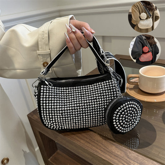 Black rhinestone shoulder bag with sparkling crystal details and adjustable strap - luxury designer handbag for women - Millivan Supplies