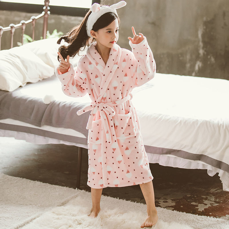 Girls Flannel Nightgown - Thickened Winter Pajamas with Cute Bear Design