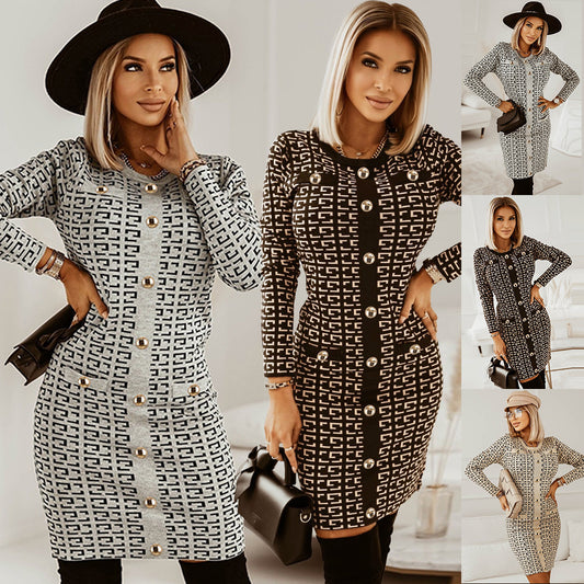 European And American Slim Temperament Knitted Button Dress