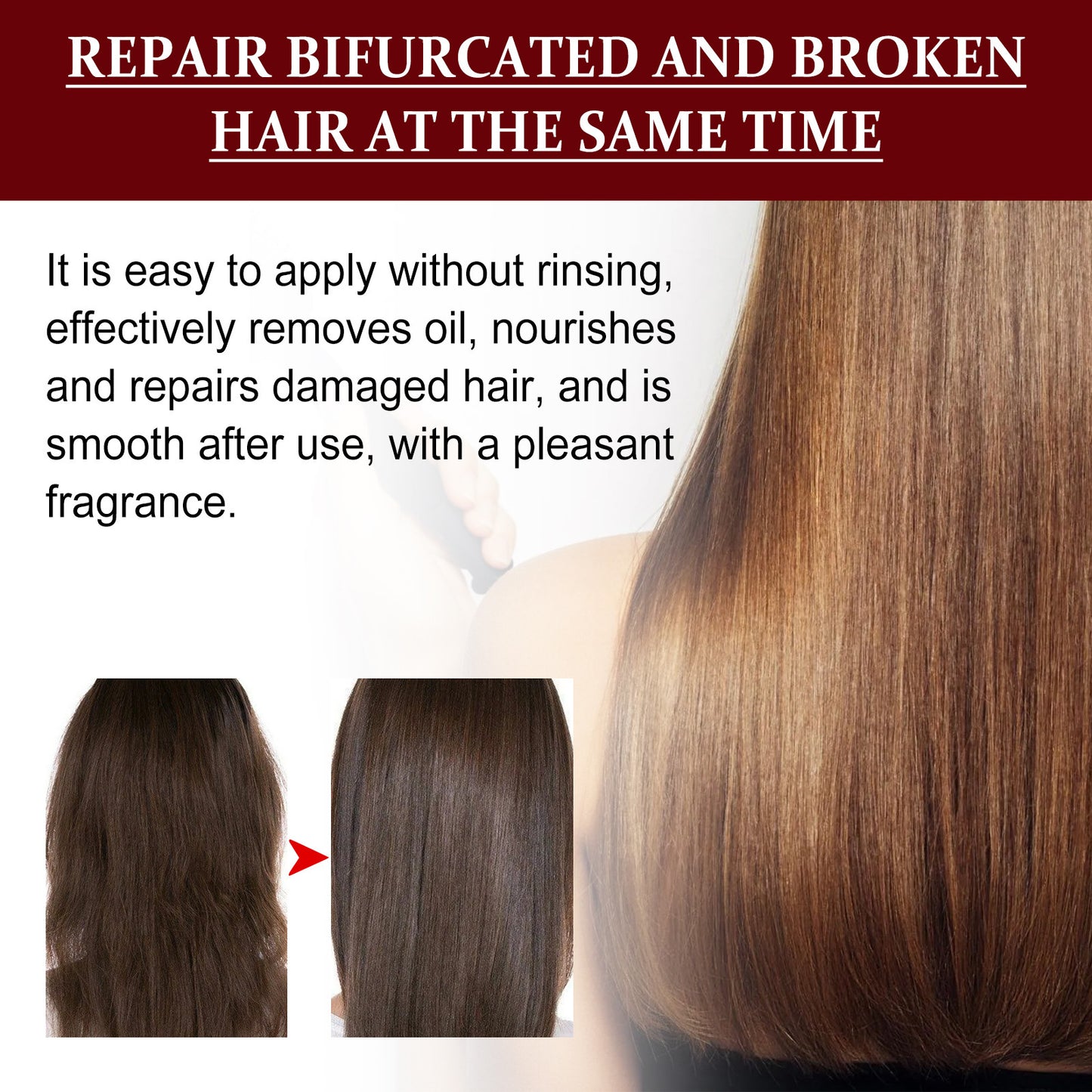 Advertisement for hair repair product showing before and after effects on hair.