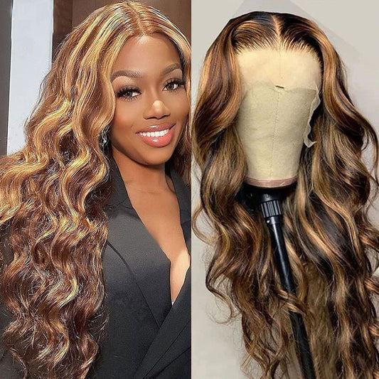 Wavy hair wig on a mannequin head next to a model wearing it.