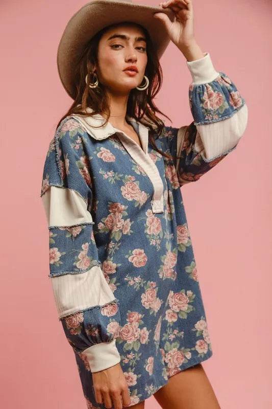 BiBi Washed Floral Denim Romper With Contrast Collar - Millivan supplies