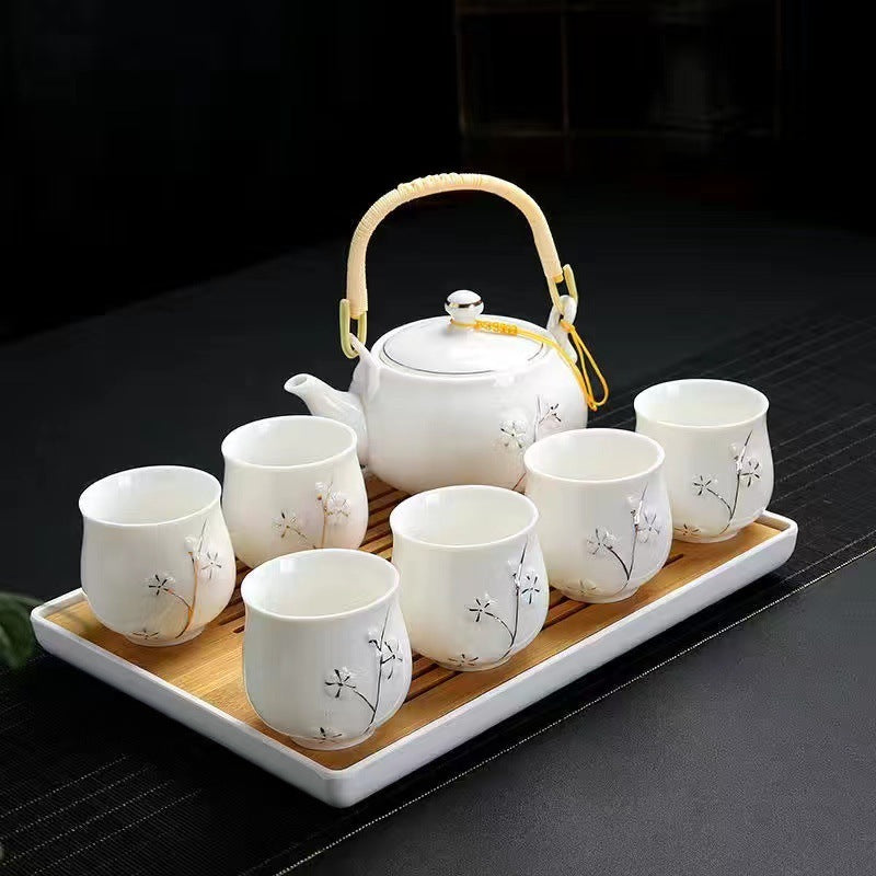 Simple Hand-painted Gold Large Teapot Ceramic - Kung Fu Tea Set Porcelain with Bamboo Tray