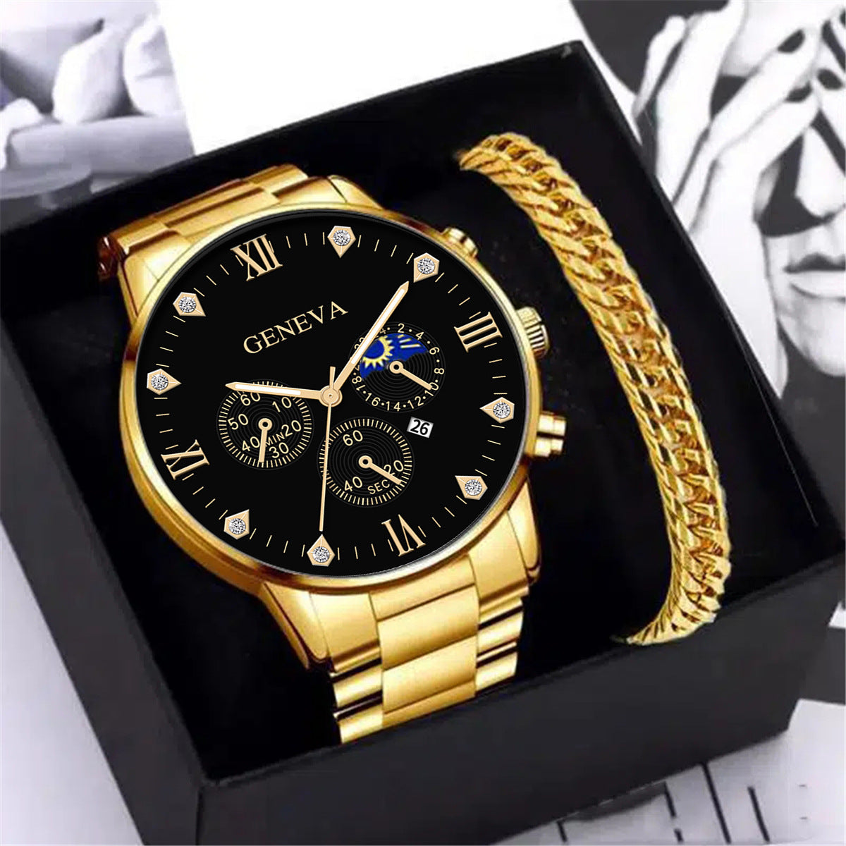 Fashion Business Men's Steel Watch - Gold Bracelet Set