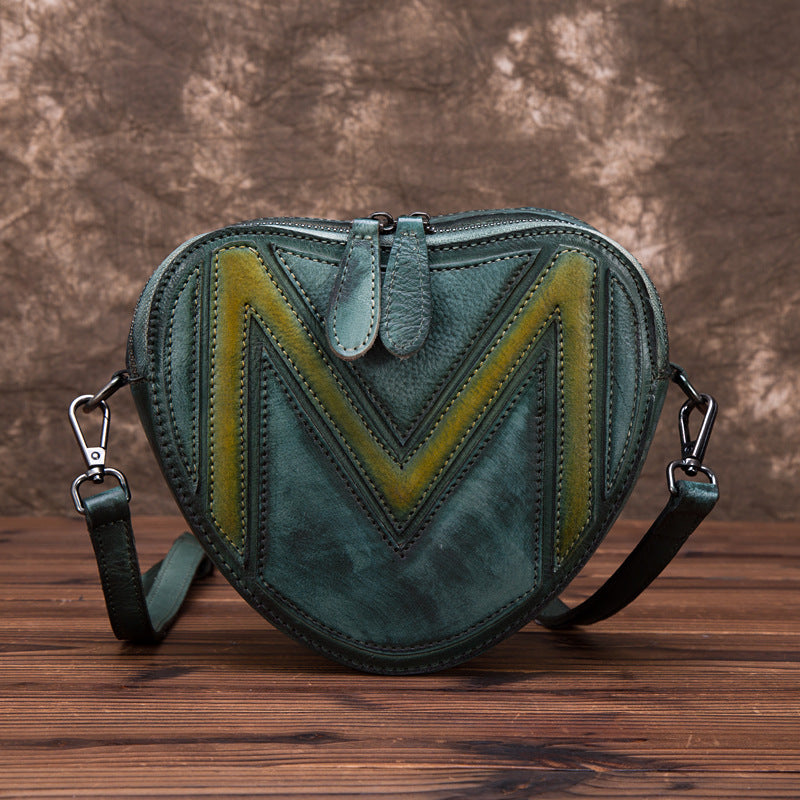 Heart-Shaped Top Layer Leather  Fashion Polished Crossbody Bag