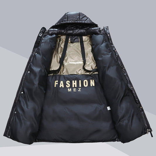Black puffer jacket with 'FASHION MEZ' branding on a gray background