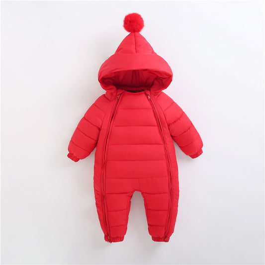 Red baby snowsuit with a hood on a white background