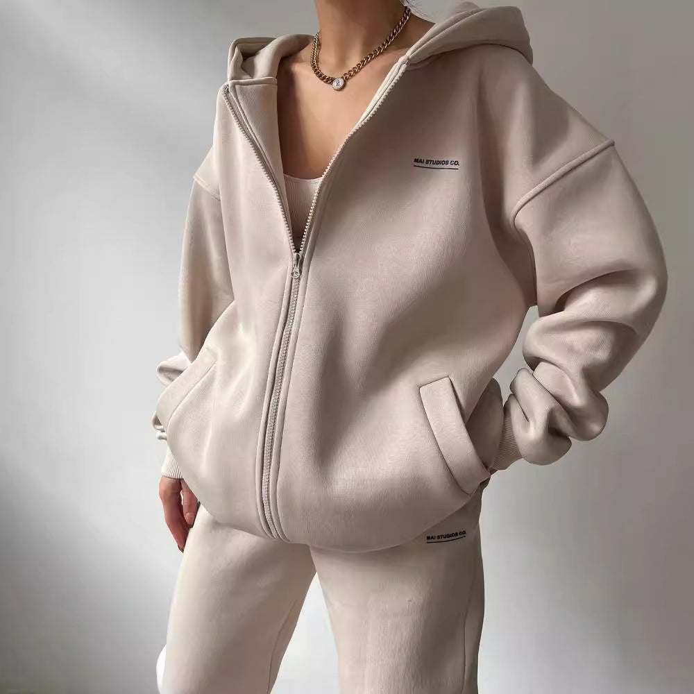 Women's Long Sleeve Fleece Pullover Trousers Fashion Printed Hooded Suits - Cozy Set