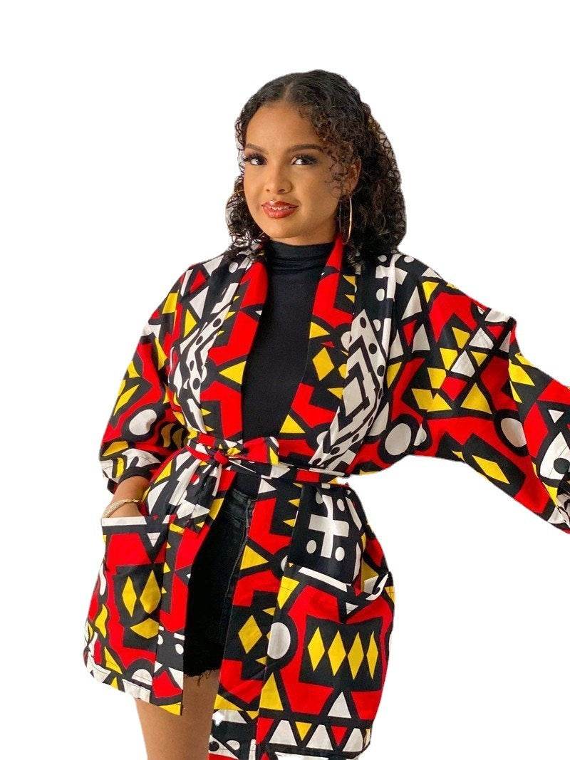 Autumn Printing Stitching Belt Pocket Coat Women - Millivan supplies