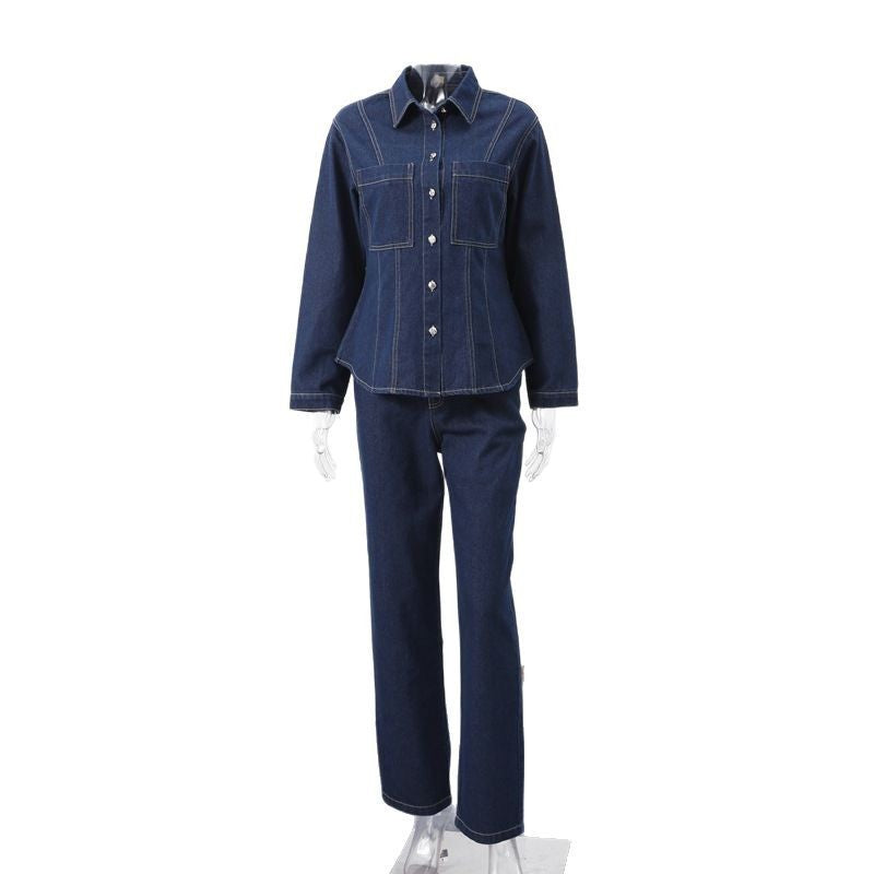 Simple Trendy Solid Color Single-breasted Denim Coat Trousers Suit