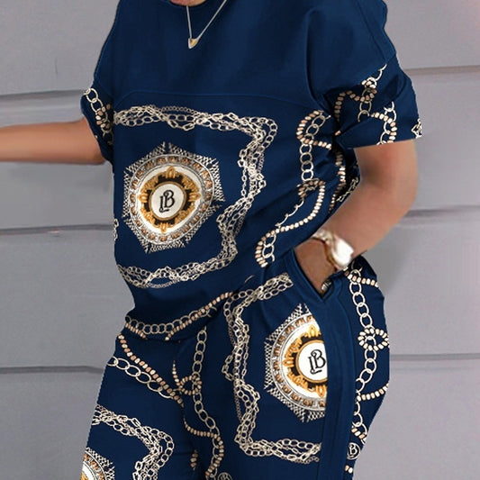 Casual Printing Color Contrast Short Sleeve Two-piece Set
