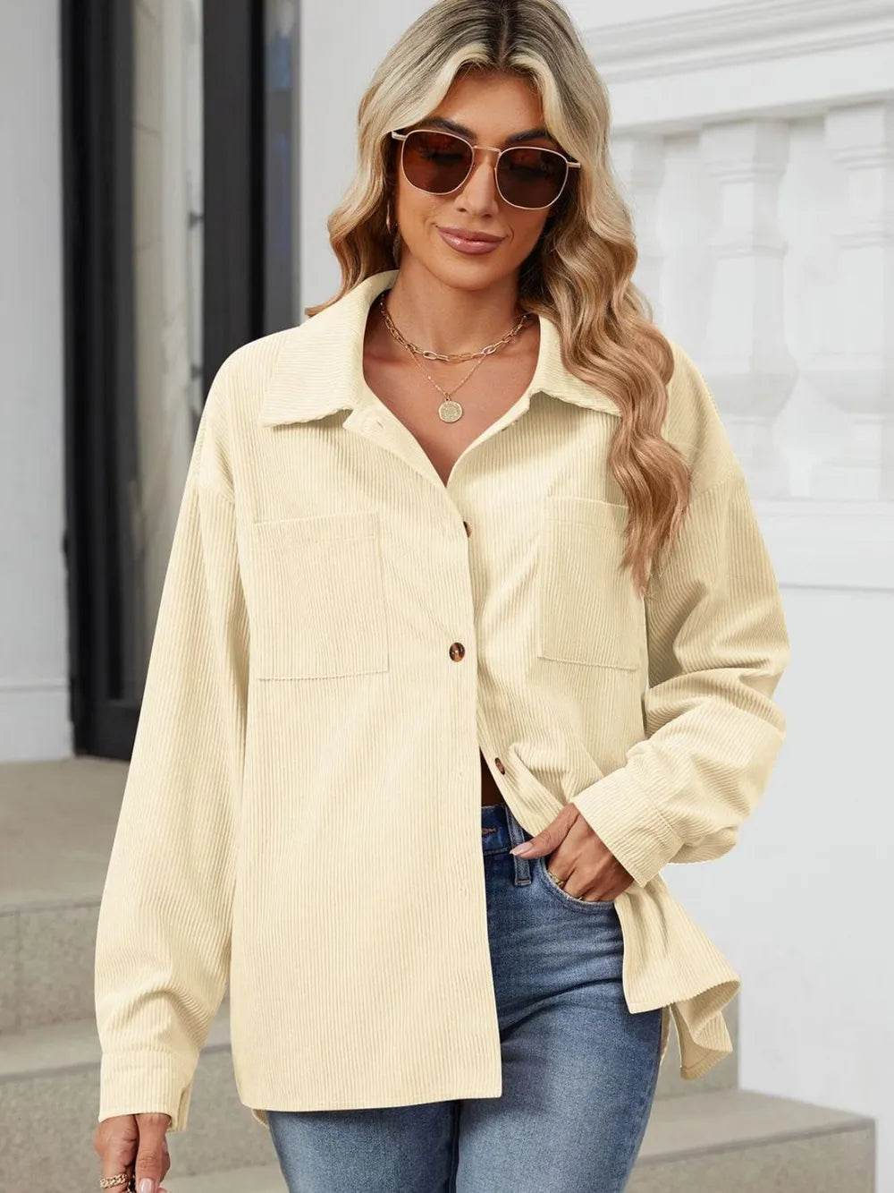 Button Up Dropped Shoulder Long Sleeve Outerwear - Millivan supplies
